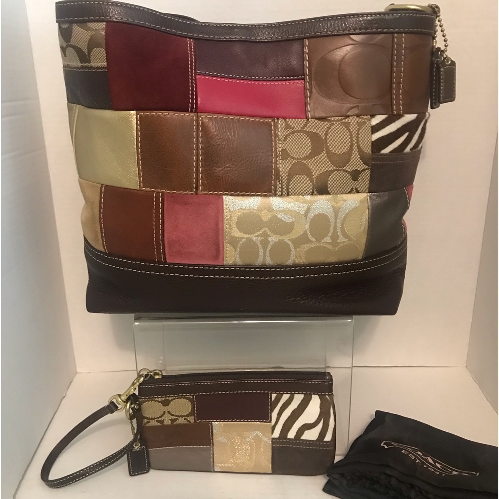 Coach Brown Leather and Suede Patchwork Design H0693-10434 plus Wristlet Tote - Picture 2 of 12
